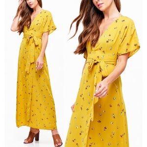Yellow Plunging V Neck Floral Faux Wrap Maxi Dress